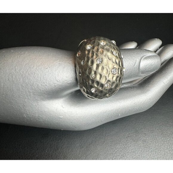 Vintage Silver-Tone Textured Dome Ring With Rhinestones Accent‎ - Picture 1 of 8